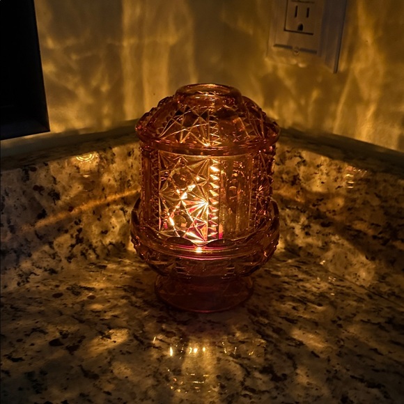 Vintage Indiana Glass Amber Fairy Lamp Stars and Bars - Picture 2 of 4